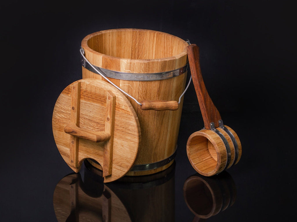 Oak bucket 15 L with ladle , Wooden Steamer bucket Sauna Broom, With Lid, Sauna Accessories, Wooden Sauna Steamer, Wood Bath Bucket